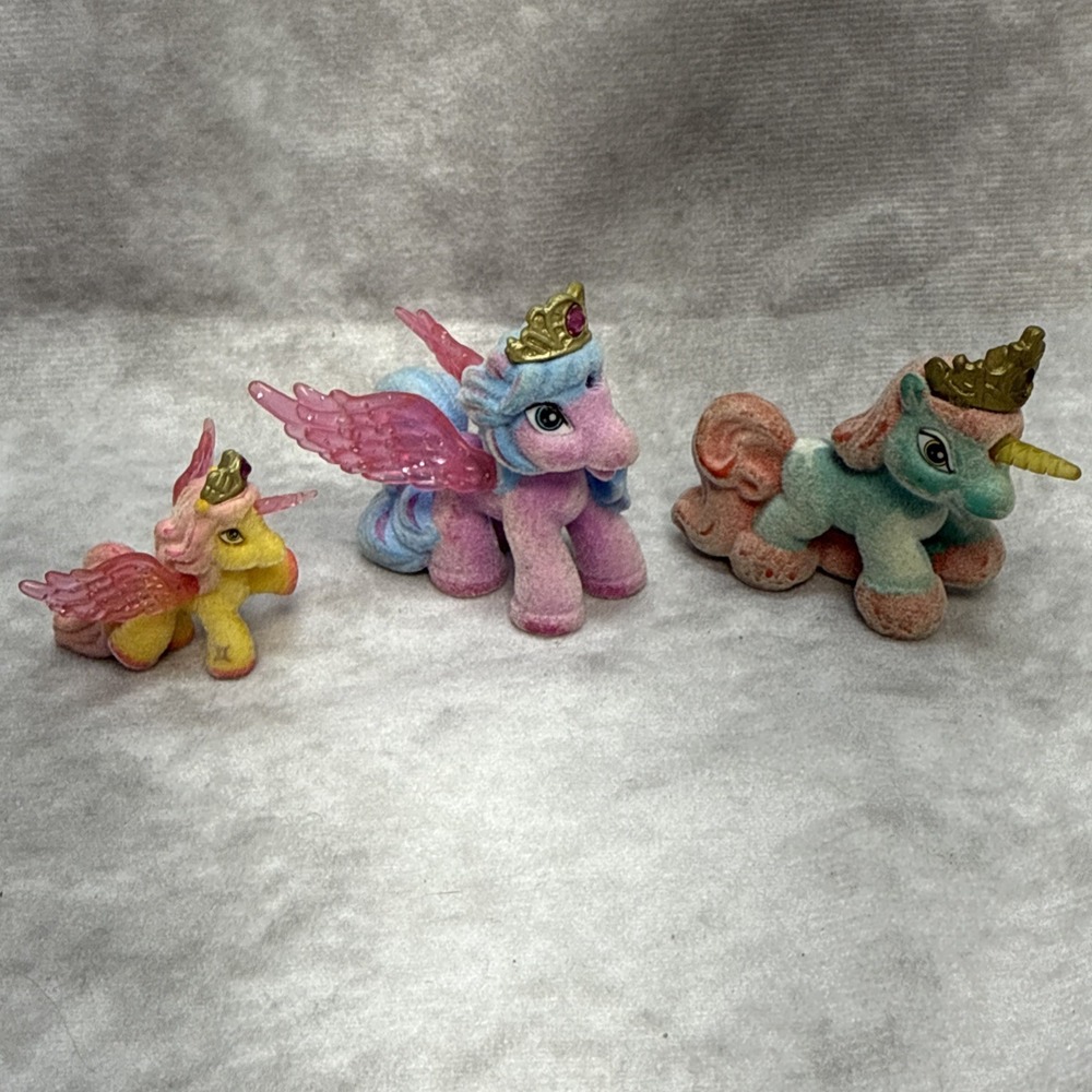 Filly Princess Ponies Draco Lot of 3 Flocked Mini Crown Blue Pink Yellow Fuzzy
